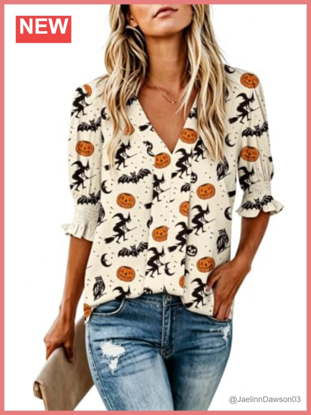 Halloween Blouse Women V Neck Smocked Ruffle Sleeve Dressy Top